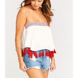 Show‎ Me Your Mumu Top Womens XS Flutter Crop Strapless Tube Embroidered Tassels